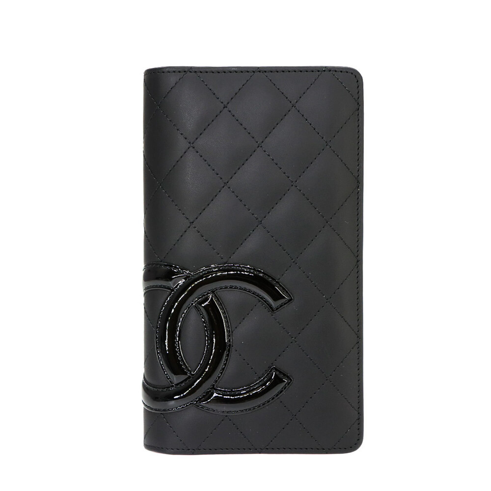Chanel Cambon Line Bi-fold Long Wallet, Leather, Enamel, Black, A26717, Silve...
